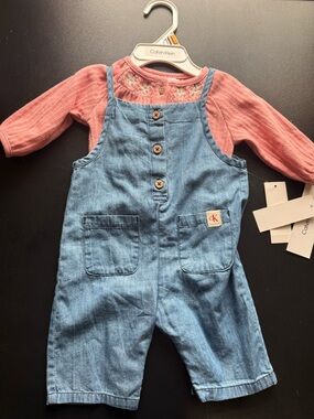 Calvin Klein Pink Knit Top with Light Blue Denim Overalls